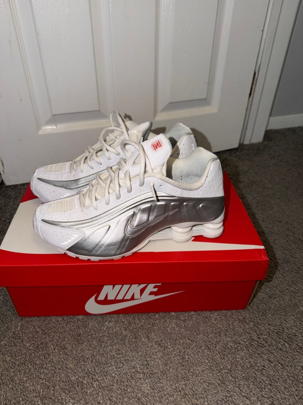 Nike White and Silver Shox Athletic Sneakers